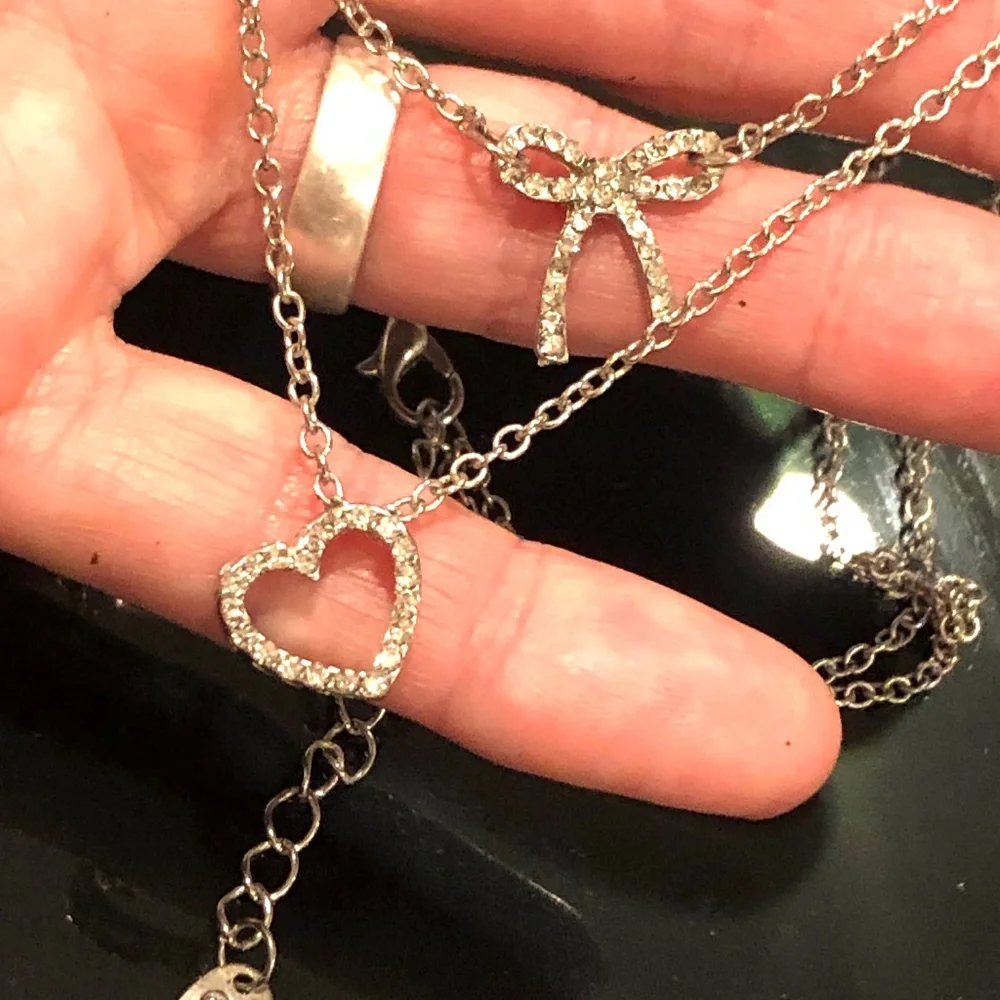 3/$32 Silver Tone Double Layered Rhinestone Heart & Bow Tie Dainty Necklace - Picture 3 of 8